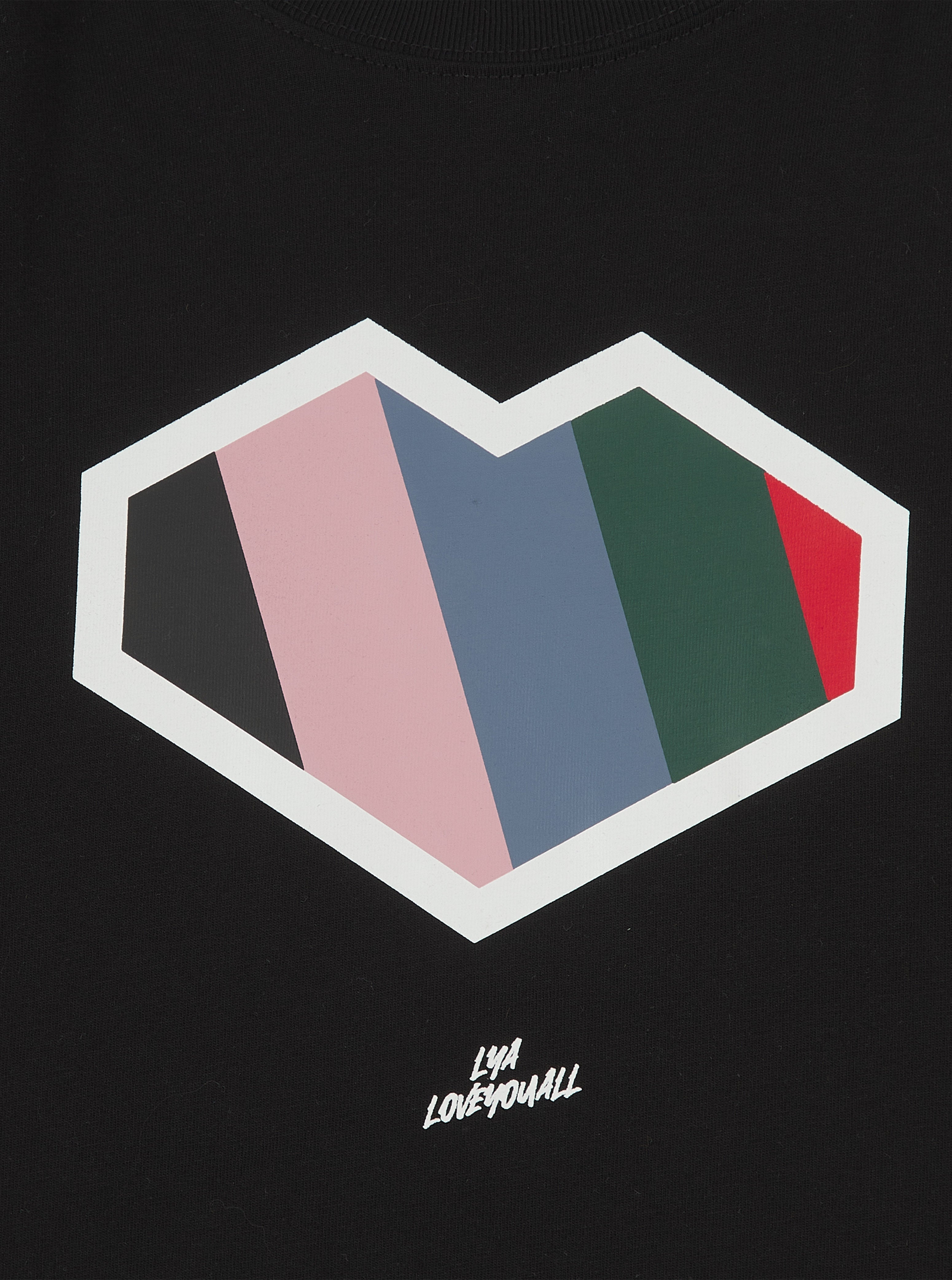 Close-up of rubber-printed LOVE logo on Bold Icon Black Organic Cotton T-Shirt by LoveYouAll