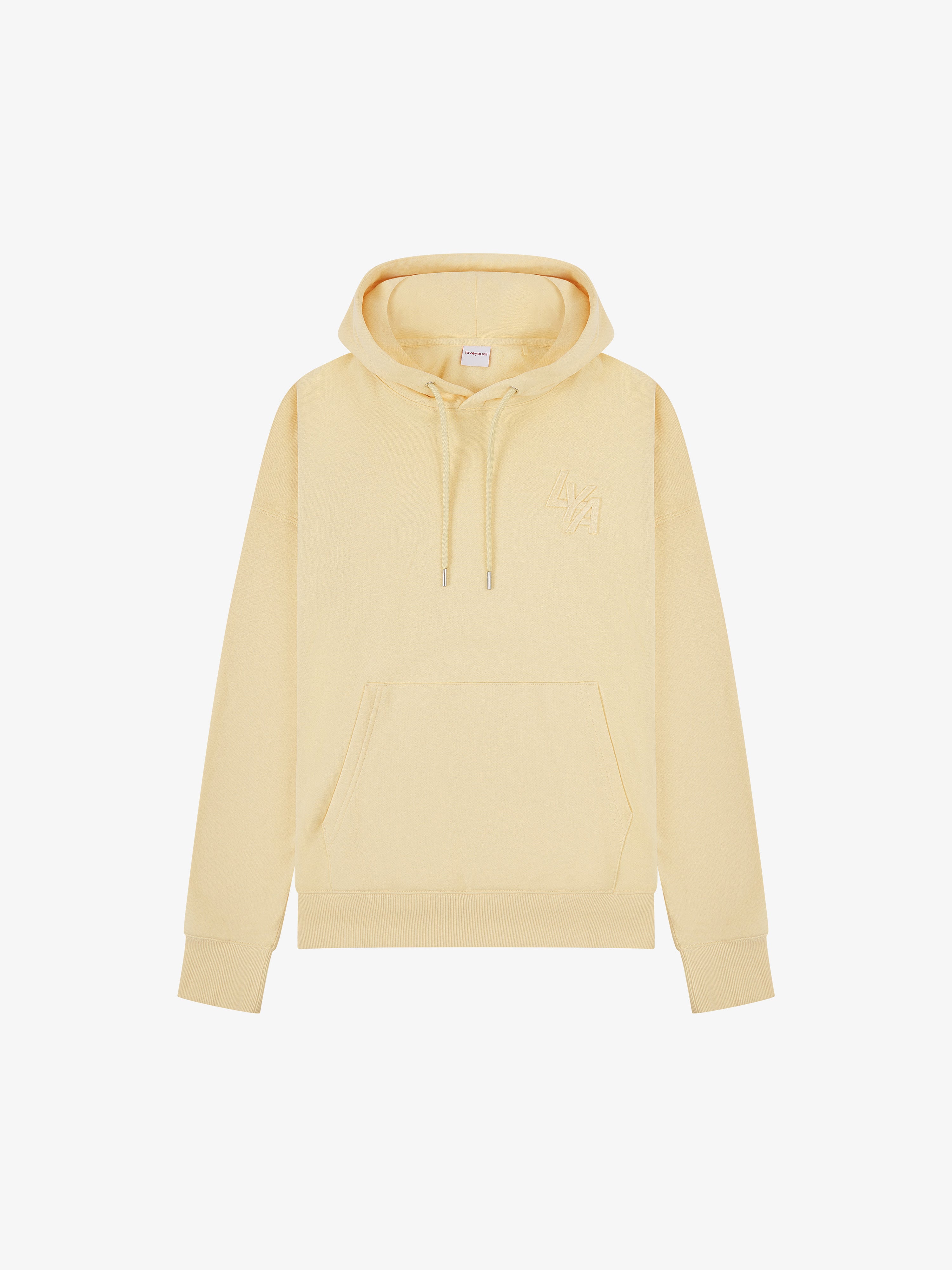 Sunny Yellow Organic Cotton Hoodie by LoveYouAll featuring a 3D embroidered LYA logo on the chest.